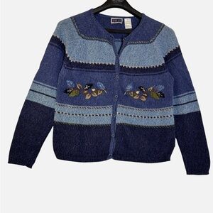 VTG Chunky Cardigan Sweater Embroidered Autumn Leaves PM Fall Blue Cottagecore